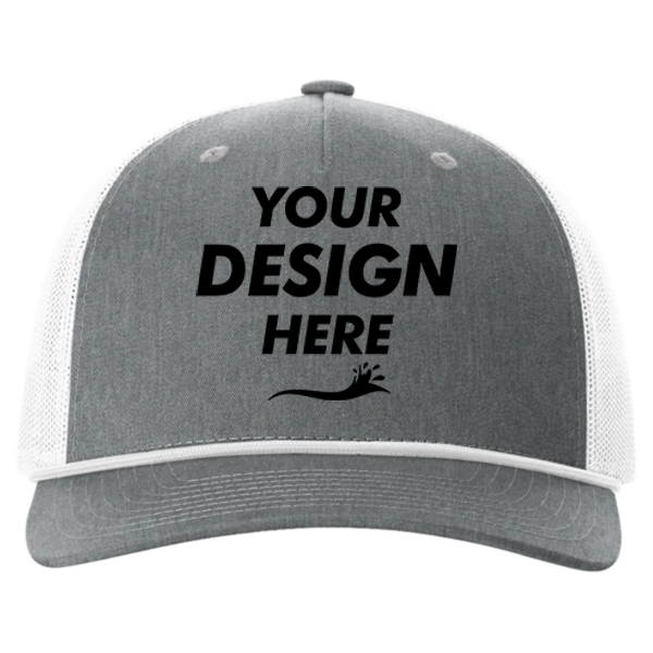 Richardson Five-Panel Trucker with Rope Cap, Heather Grey / White, Front view, Mockup