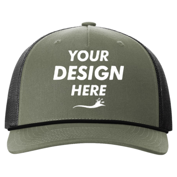 Richardson Five-Panel Trucker with Rope Cap, Loden Green / Black, Front view, Mockup