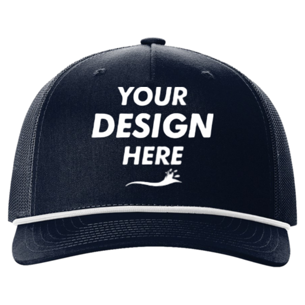 Richardson Five-Panel Trucker with Rope Cap, Navy / White, Front view, Mockup