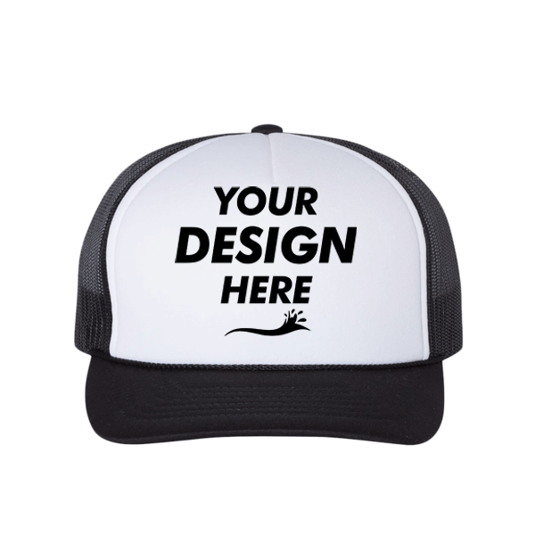 Richardson Foamie Trucker Cap, White / Black / Black, Front view, Mockup