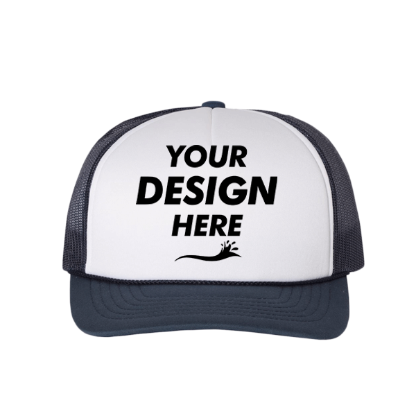 Richardson Foamie Trucker Cap, White / Navy / Navy, Front view, Mockup