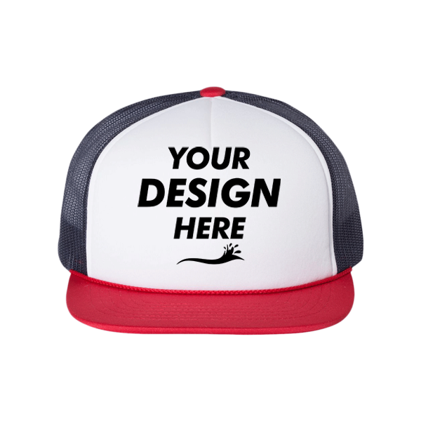 Richardson Foamie Trucker Cap, White / Navy / Red, Front view, Mockup