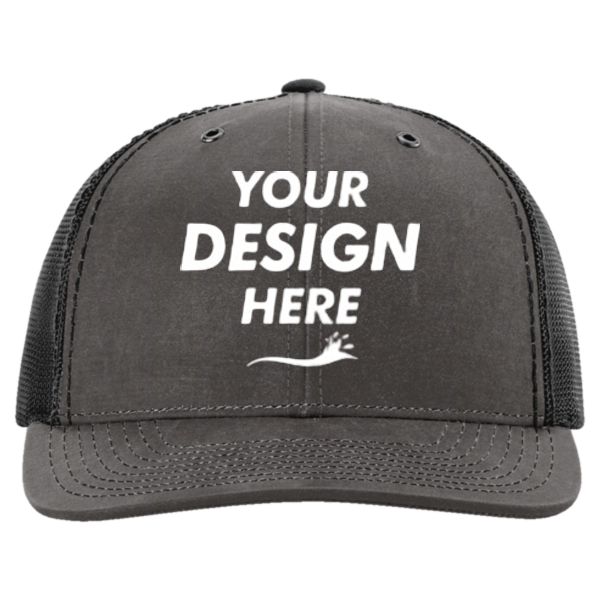 Richardson Fremont Trucker Cap, Charcoal / Black, Front view, Mockup