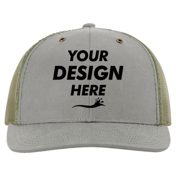 Richardson Fremont Trucker Cap, Khaki / Loden, Front view, Mockup