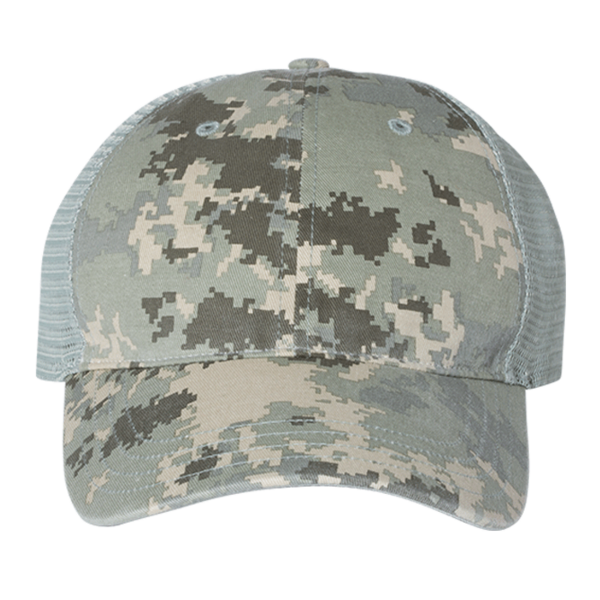 Richardson Garment Washed Printed Trucker Cap, Military Digital Camo / Light Green, Front view