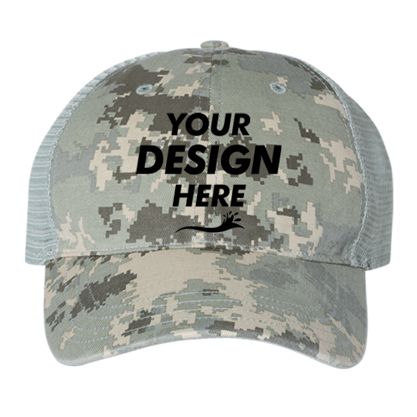 Richardson Garment Washed Printed Trucker Cap, Military Digital Camo / Light Green, Front view, Mockup