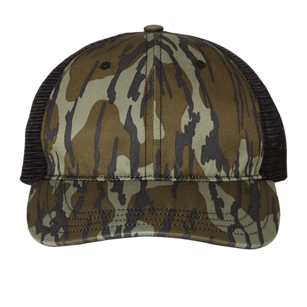 Richardson Garment Washed Printed Trucker Cap, Mossy Oak Bottomland / Black, Front view