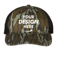 Richardson Garment Washed Printed Trucker Cap, Mossy Oak Bottomland / Black, Front view, Mockup