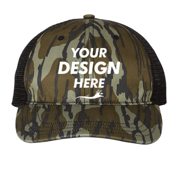 Richardson Garment Washed Printed Trucker Cap, Mossy Oak Bottomland / Black, Front view, Mockup