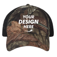 Richardson Garment Washed Printed Trucker Cap, Mossy Oak Country Dna / Black, Front view, Mockup
