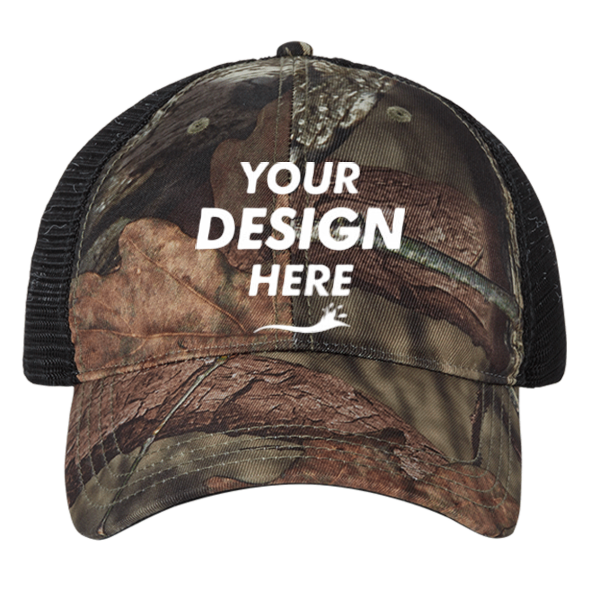 Richardson Garment Washed Printed Trucker Cap, Mossy Oak Country Dna / Black, Front view, Mockup