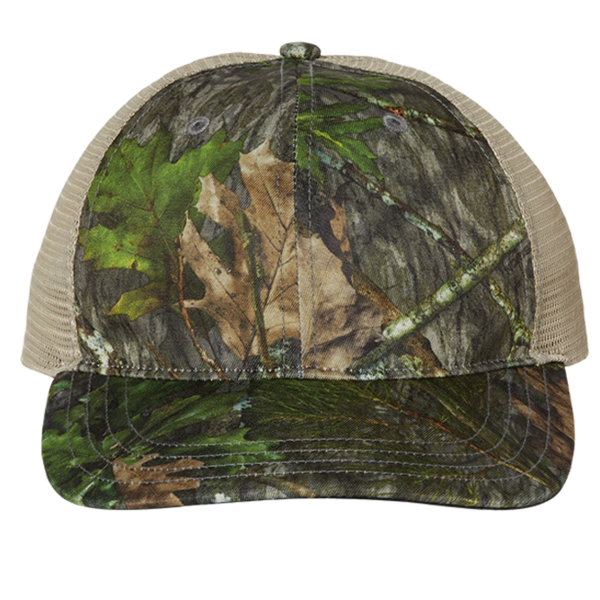 Richardson Garment Washed Printed Trucker Cap, Mossy Oak Obsession / Khaki, Front view