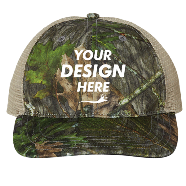 Richardson Garment Washed Printed Trucker Cap, Mossy Oak Obsession / Khaki, Front view, Mockup