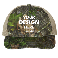 Richardson Garment Washed Printed Trucker Cap, Mossy Oak Obsession / Khaki, Front view, Mockup