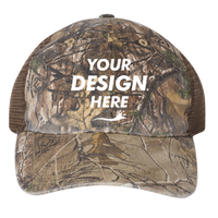 Richardson Garment Washed Printed Trucker Cap, Realtree Edge / Brown, Front view, Mockup