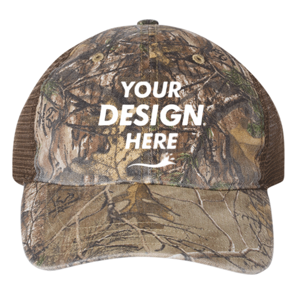 Richardson Garment Washed Printed Trucker Cap, Realtree Edge / Brown, Front view, Mockup