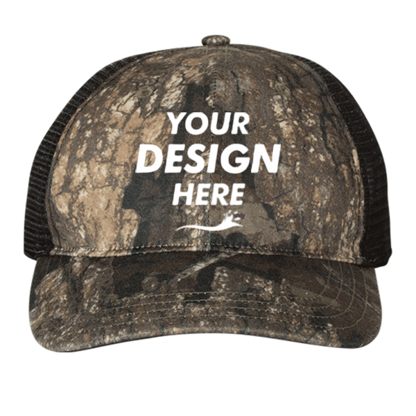 Richardson Garment Washed Printed Trucker Cap, Realtree Timber / Black, Front view, Mockup