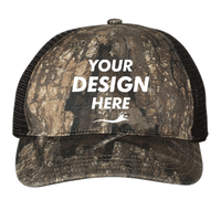 Richardson Garment Washed Printed Trucker Cap, Realtree Timber / Black, Front view, Mockup