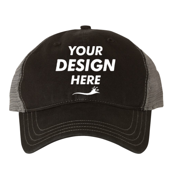 Richardson Garment-Washed Trucker Cap, Black / Charcoal / Charcoal, Front view, Mockup