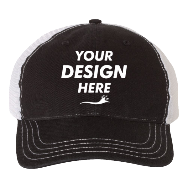 Richardson Garment-Washed Trucker Cap, Black / White / White, Front view, Mockup