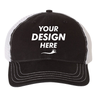 Richardson Garment-Washed Trucker Cap, Black / White / White, Front view, Mockup