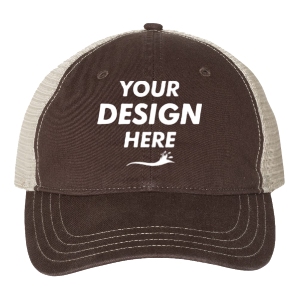 Richardson Garment-Washed Trucker Cap, Brown / Khaki / Khaki, Front view, Mockup