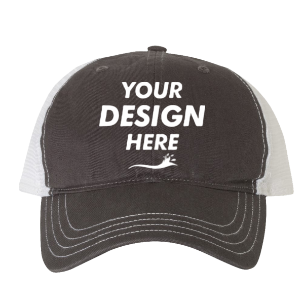 Richardson Garment-Washed Trucker Cap, Charcoal / White / White, Front view, Mockup