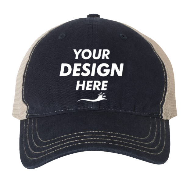 Richardson Garment-Washed Trucker Cap, Navy / Khaki / Khaki, Front view, Mockup