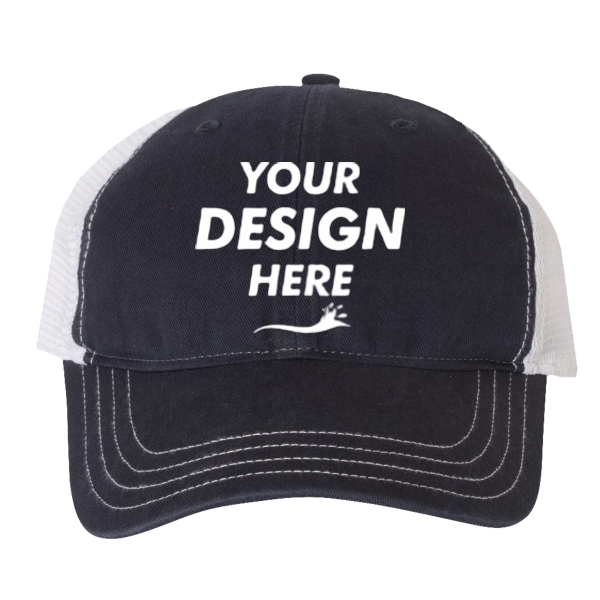 Richardson Garment-Washed Trucker Cap, Navy / White / White, Front view, Mockup