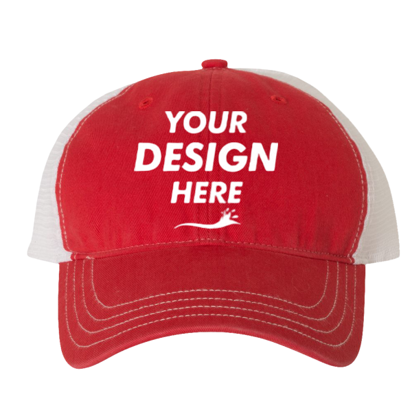 Richardson Garment-Washed Trucker Cap, Red / White / White, Front view, Mockup