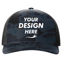 Richardson Printed Five-Panel Trucker Cap, Admiral Duck Camo / Black, Front view, Mockup