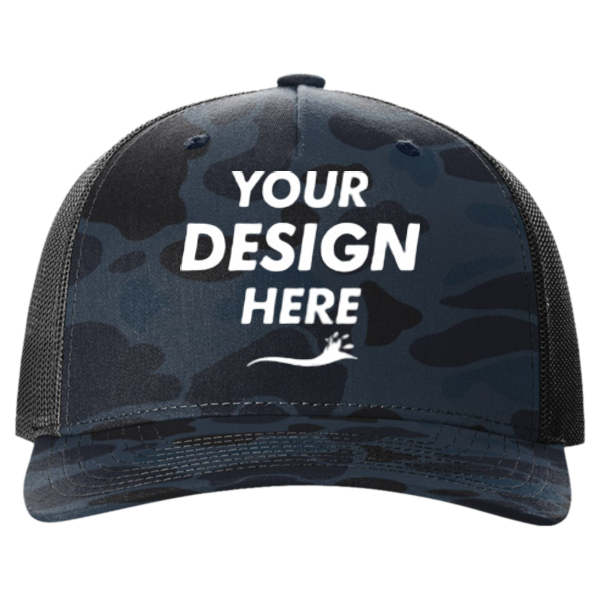 Richardson Printed Five-Panel Trucker Cap, Admiral Duck Camo / Black, Front view, Mockup