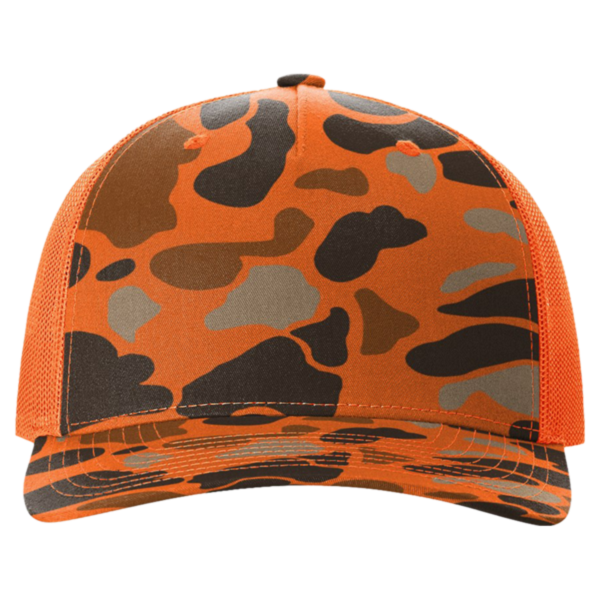 Richardson Printed Five-Panel Trucker Cap, Blaze Duck Camo / Blaze, Front view