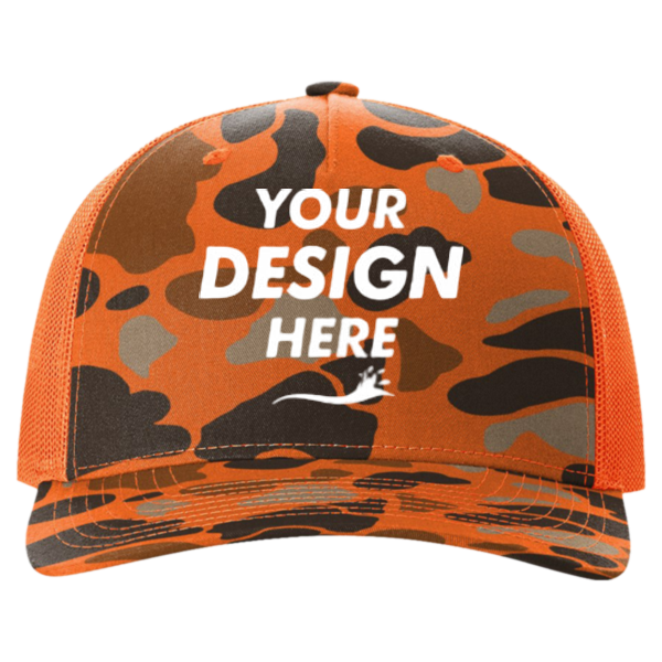 Richardson Printed Five-Panel Trucker Cap, Blaze Duck Camo / Blaze, Front view, Mockup