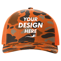 Richardson Printed Five-Panel Trucker Cap, Blaze Duck Camo / Blaze, Front view, Mockup