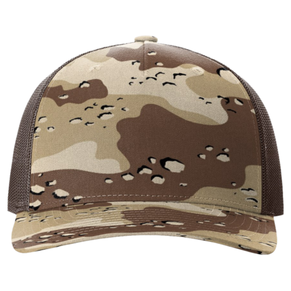 Richardson Printed Five-Panel Trucker Cap, Desert Camo / Brown, Front view