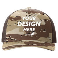 Richardson Printed Five-Panel Trucker Cap, Desert Camo / Brown, Front view, Mockup
