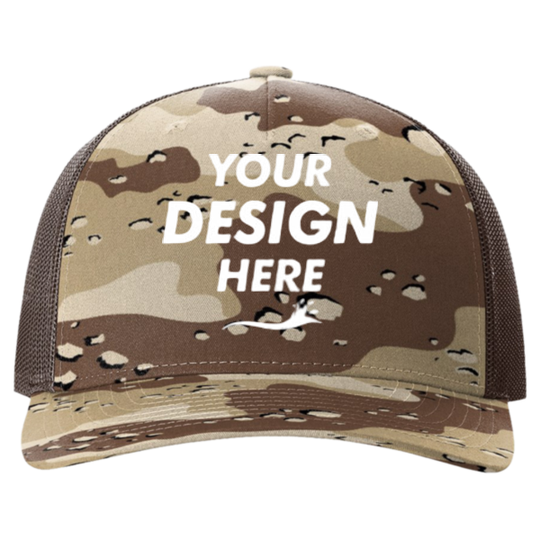 Richardson Printed Five-Panel Trucker Cap, Desert Camo / Brown, Front view, Mockup