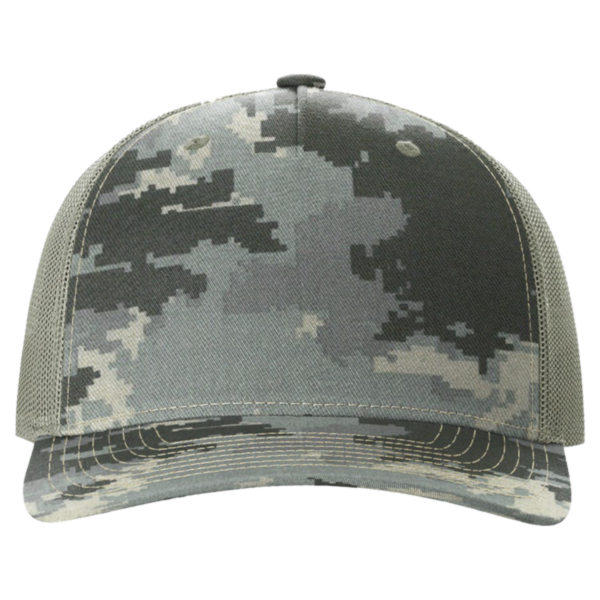 Richardson Printed Five-Panel Trucker Cap, Digital Camo / Light Green, Front view