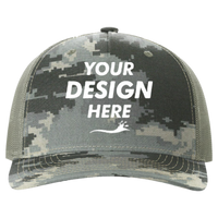 Richardson Printed Five-Panel Trucker Cap, Digital Camo / Light Green, Front view, Mockup