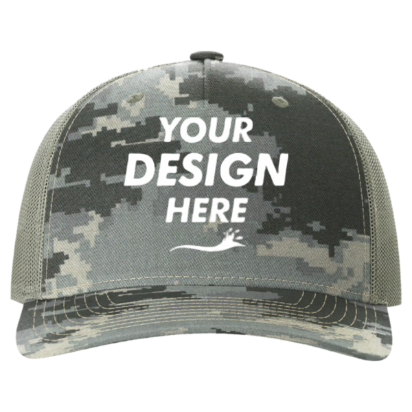 Richardson Printed Five-Panel Trucker Cap, Digital Camo / Light Green, Front view, Mockup