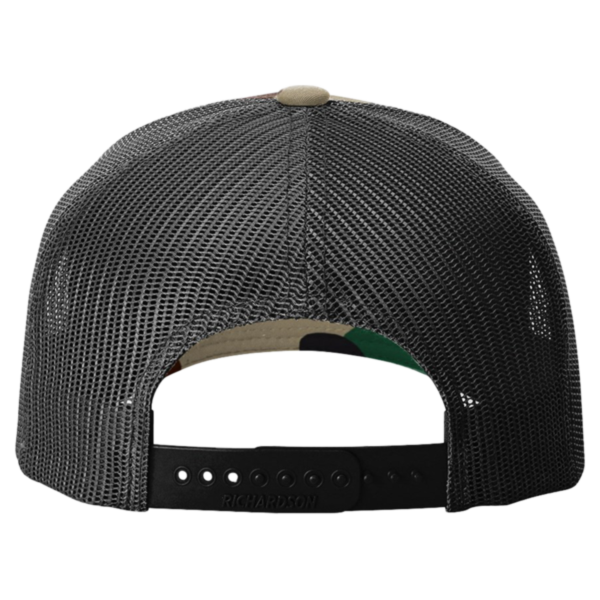 Richardson Printed Five-Panel Trucker Cap, Green Camo / Black, Back view