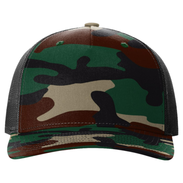 Richardson Printed Five-Panel Trucker Cap, Green Camo / Black, Front view