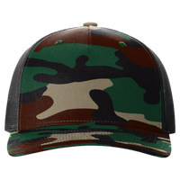 Richardson Printed Five-Panel Trucker Cap, Green Camo / Black, Front view