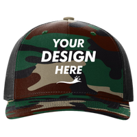 Richardson Printed Five-Panel Trucker Cap, Green Camo / Black, Front view, Mockup