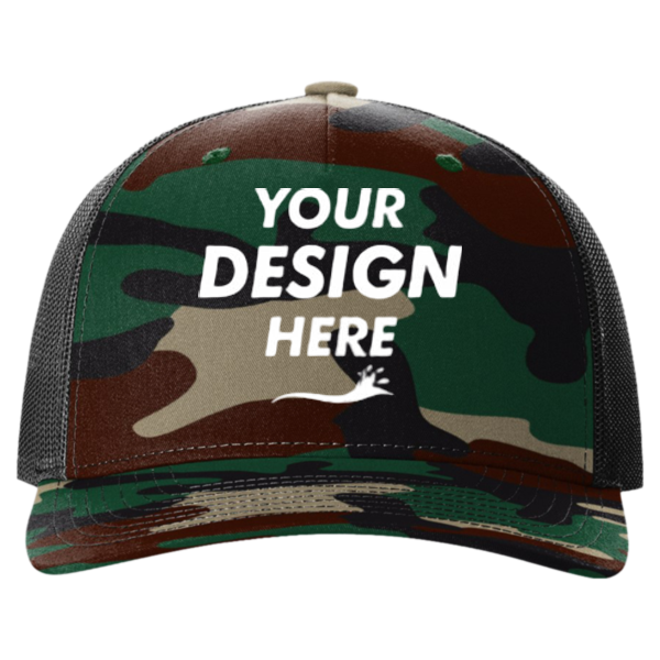 Richardson Printed Five-Panel Trucker Cap, Green Camo / Black, Front view, Mockup
