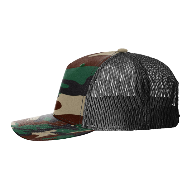 Richardson Printed Five-Panel Trucker Cap, Green Camo / Black, Left Side view