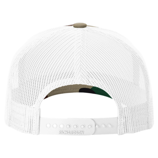 Richardson Printed Five-Panel Trucker Cap, Green Camo / White, Back view