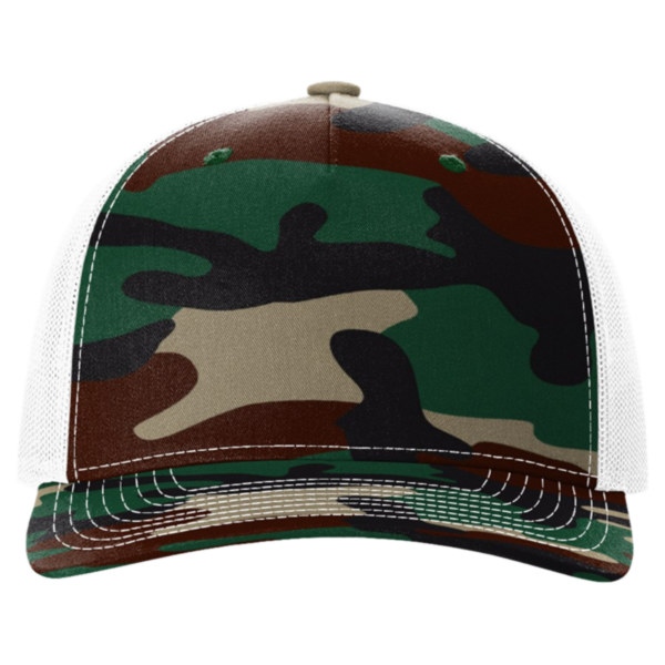 Richardson Printed Five-Panel Trucker Cap, Green Camo / White, Front view
