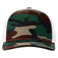 Richardson Printed Five-Panel Trucker Cap, Green Camo / White, Front view